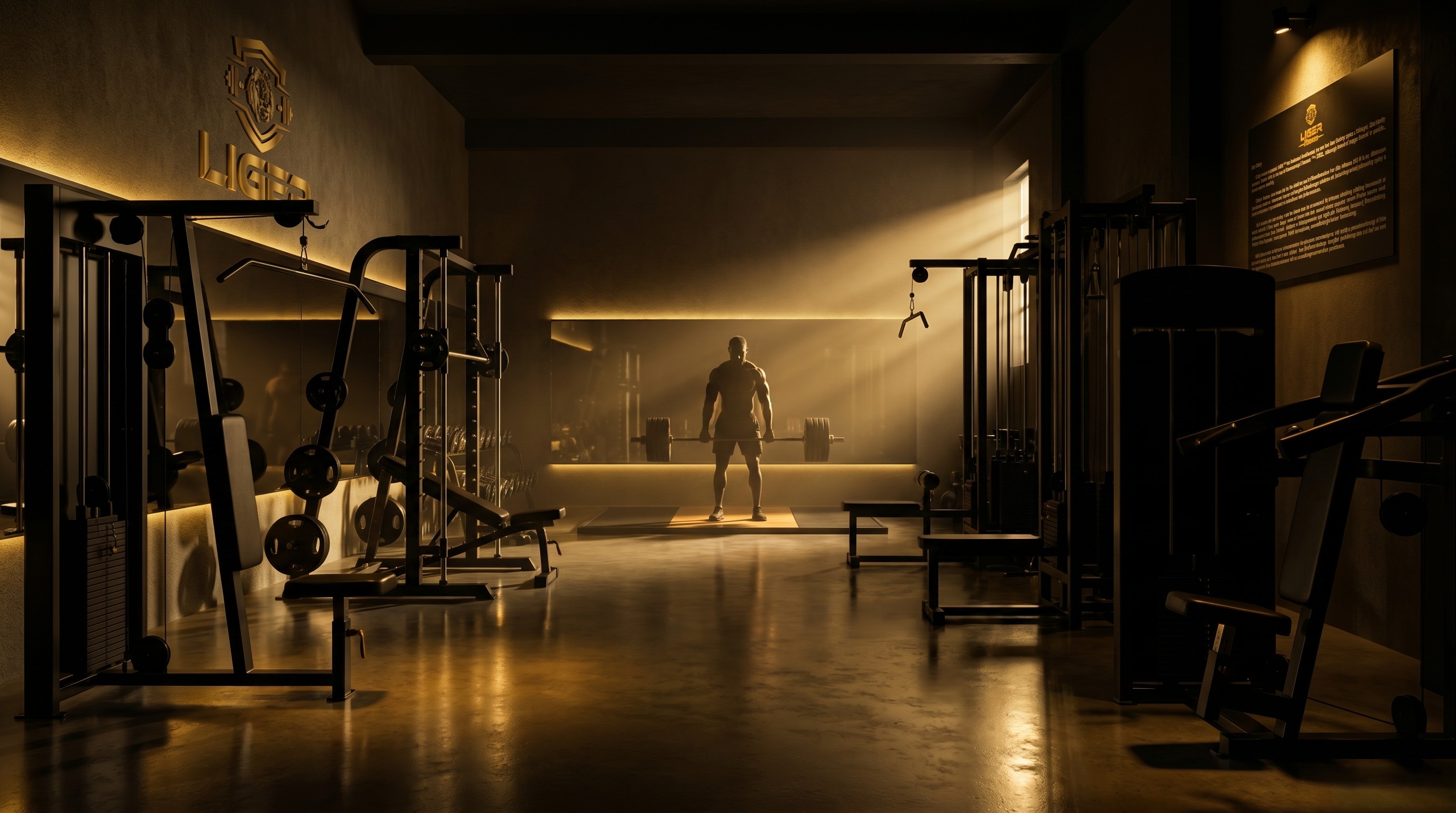 Liger Fitness training floor bathed in golden light