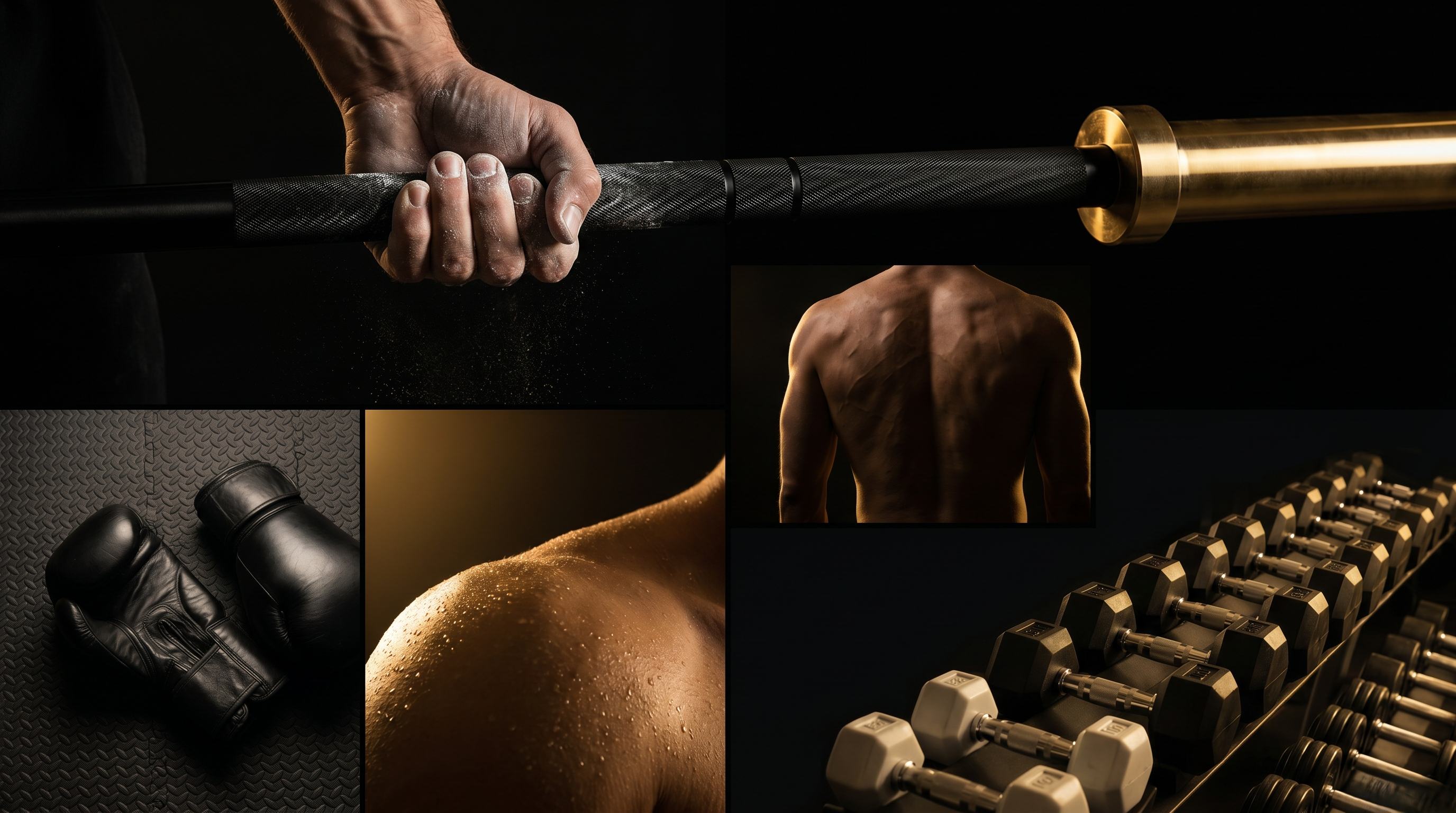 Luxury fitness details — barbell grip, dumbbells and training moments