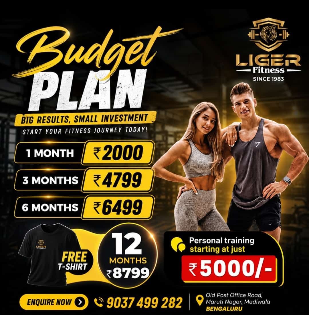 Liger Fitness Budget Plan rate card — 1 month ₹2000, 3 months ₹4799, 6 months ₹6499, 12 months ₹8799 with free T-shirt